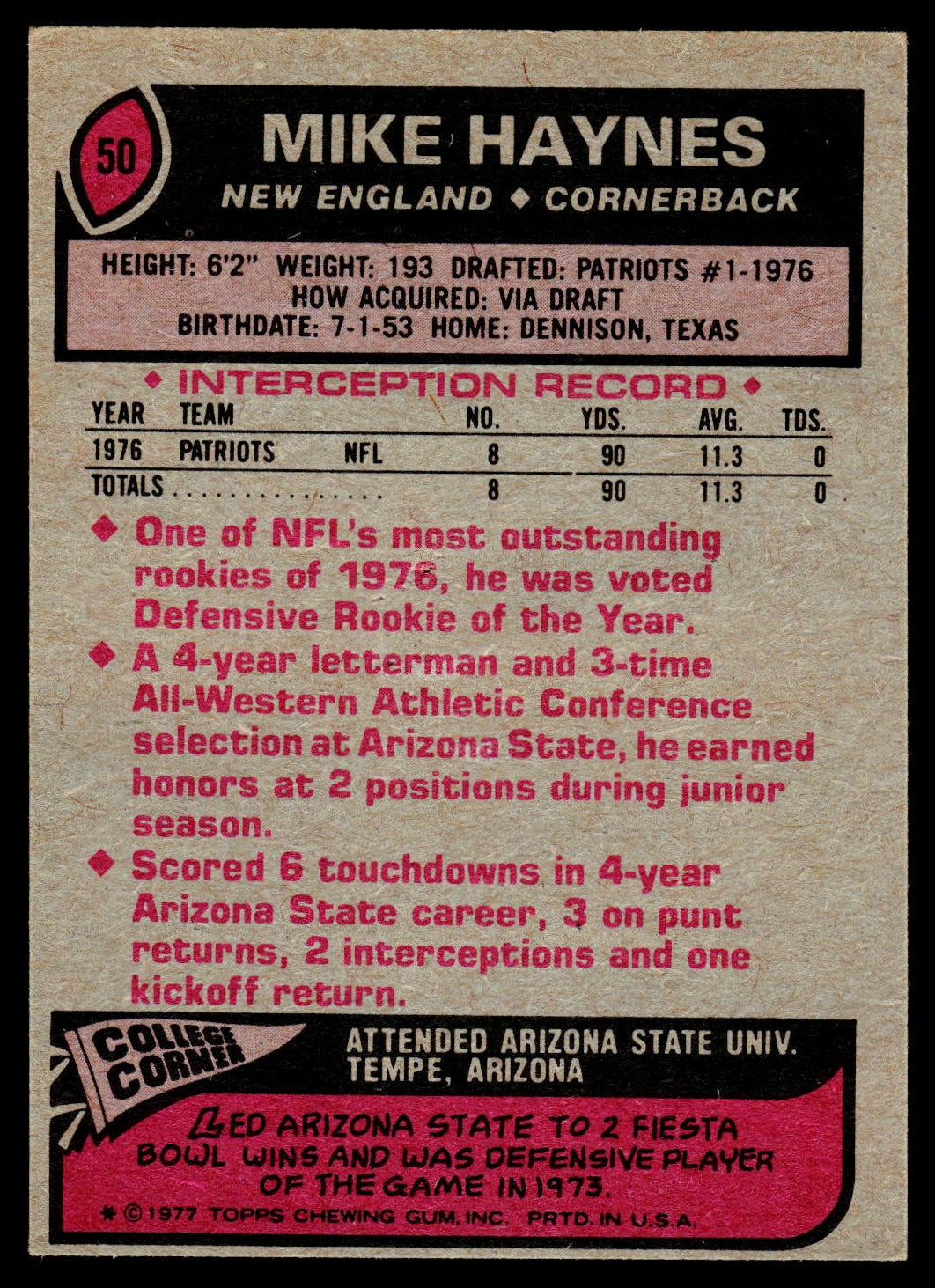 1977 Topps #50 Mike Haynes