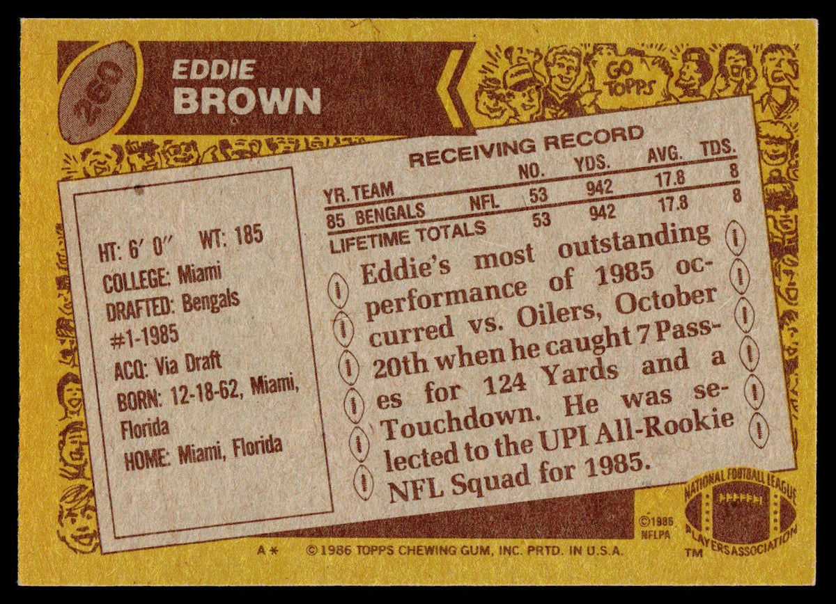 A vintage 1986 Topps Eddie Brown football trading card back, showing his receiving record, physical stats, and NFL team information on a tan and dark brown background.