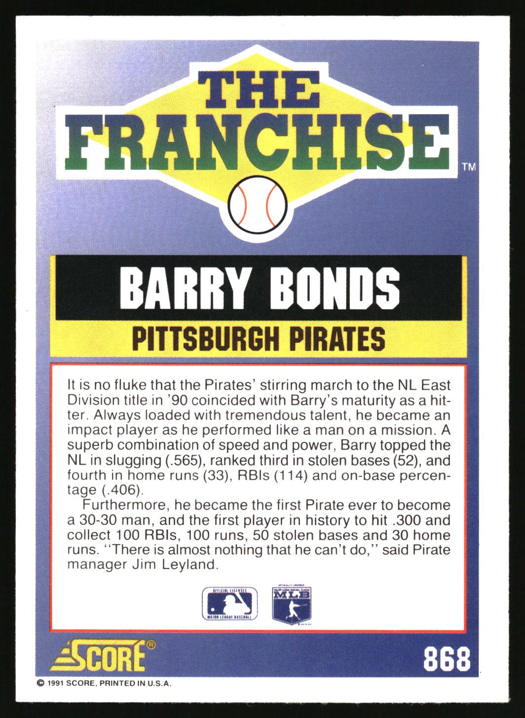 A vintage baseball trading card featuring Barry Bonds and the Pittsburgh Pirates, with a blue background, green and yellow text, and a white text box containing an interview quote.