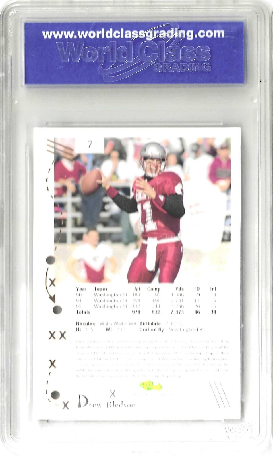 Back of trading card with image of Drew Bledsoe throwing a football. Black text with player career statistics on a white background.