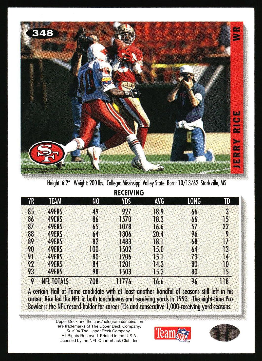 A collectible 1993 Pro Bowl trading card for Jerry Rice, showing his football action photo, team logo, biographical details, and a comprehensive career statistics table on a white card back.