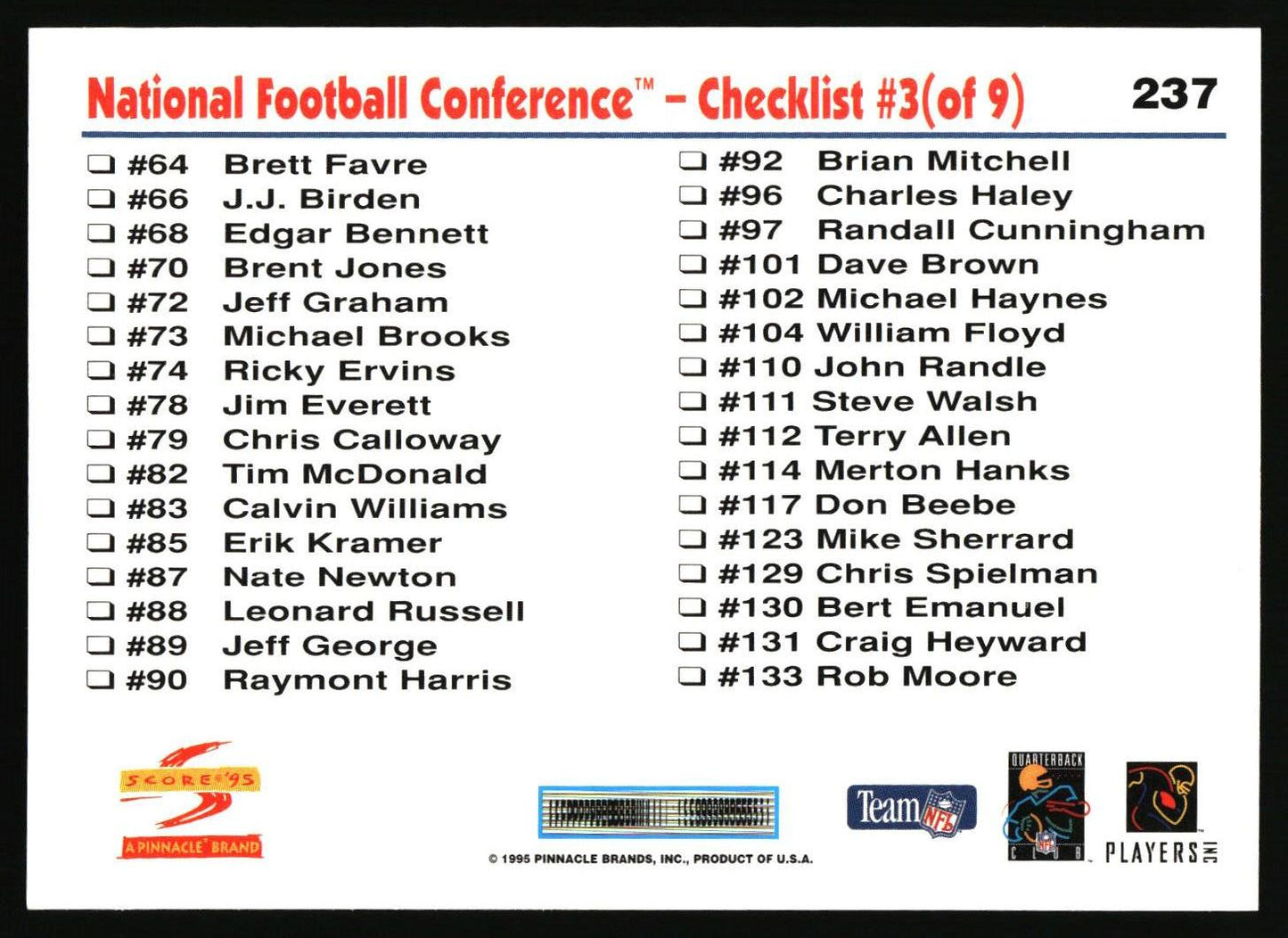 A back-side view of a football trading card showing a checklist of National Football Conference players with player numbers and names, printed on a white card with red and black text and small team logos.