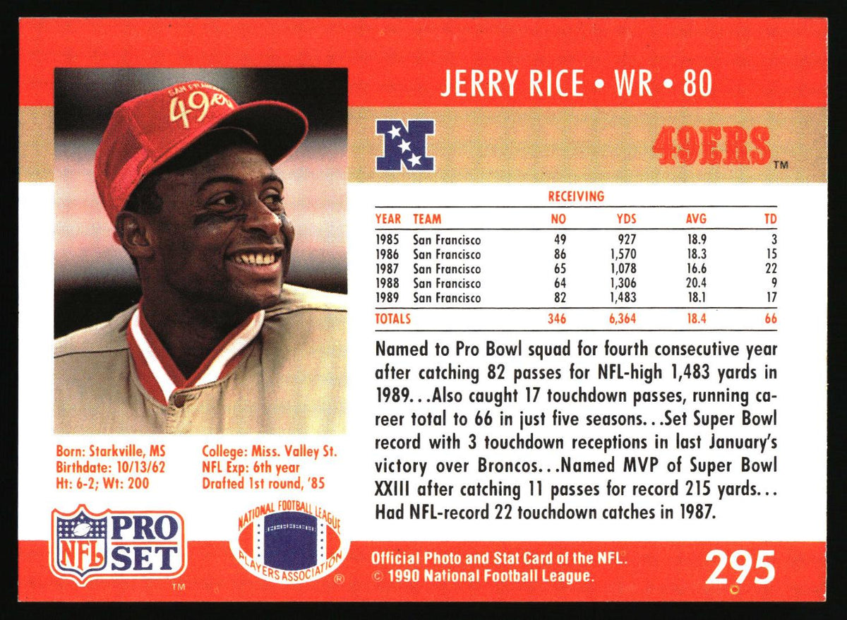 1990 NFL stat card Jerry Rice WR #80 49ers