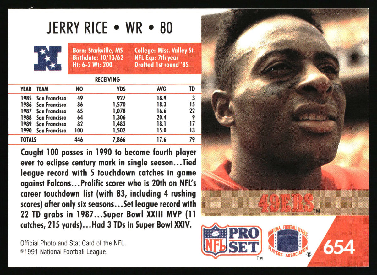 NFL Pro Set No. 654 Jerry Rice stats