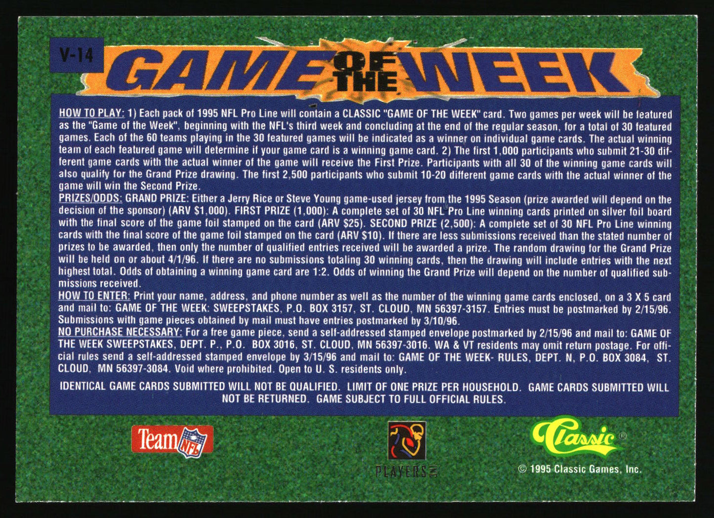 1995 Pro Line #V-14 Jerry Rice / Michael Irvin Game of the Week Visitor