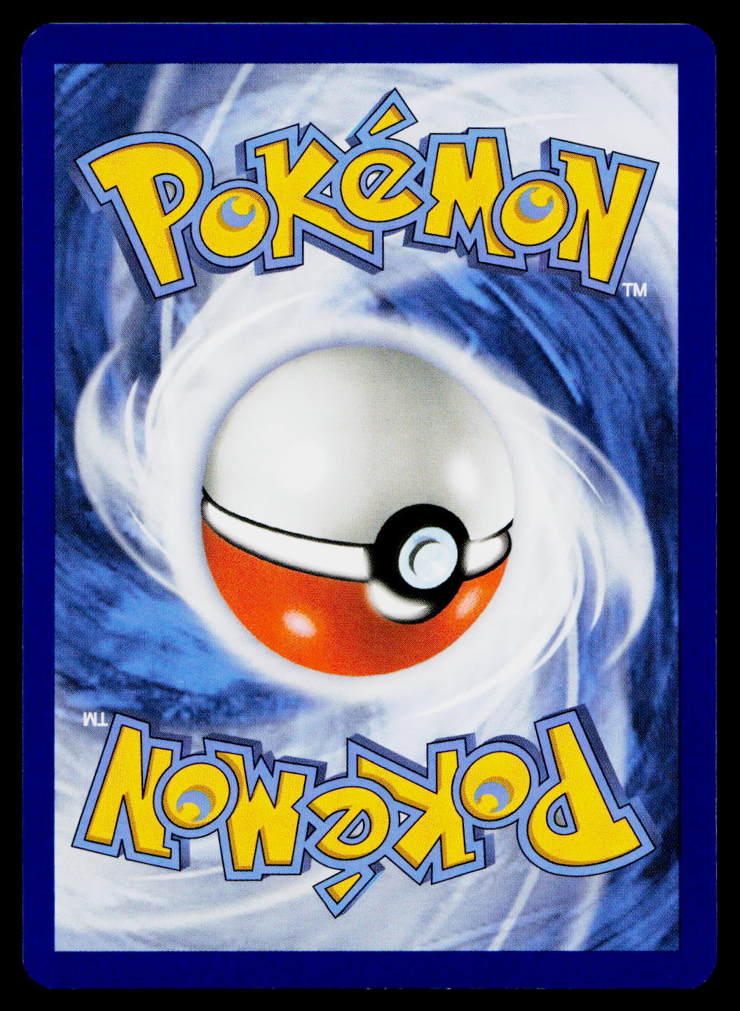 A Pokémon card back featuring the yellow Pokémon logo at the top and bottom, with a white and orange Pokémon ball centered over a blue swirling background.