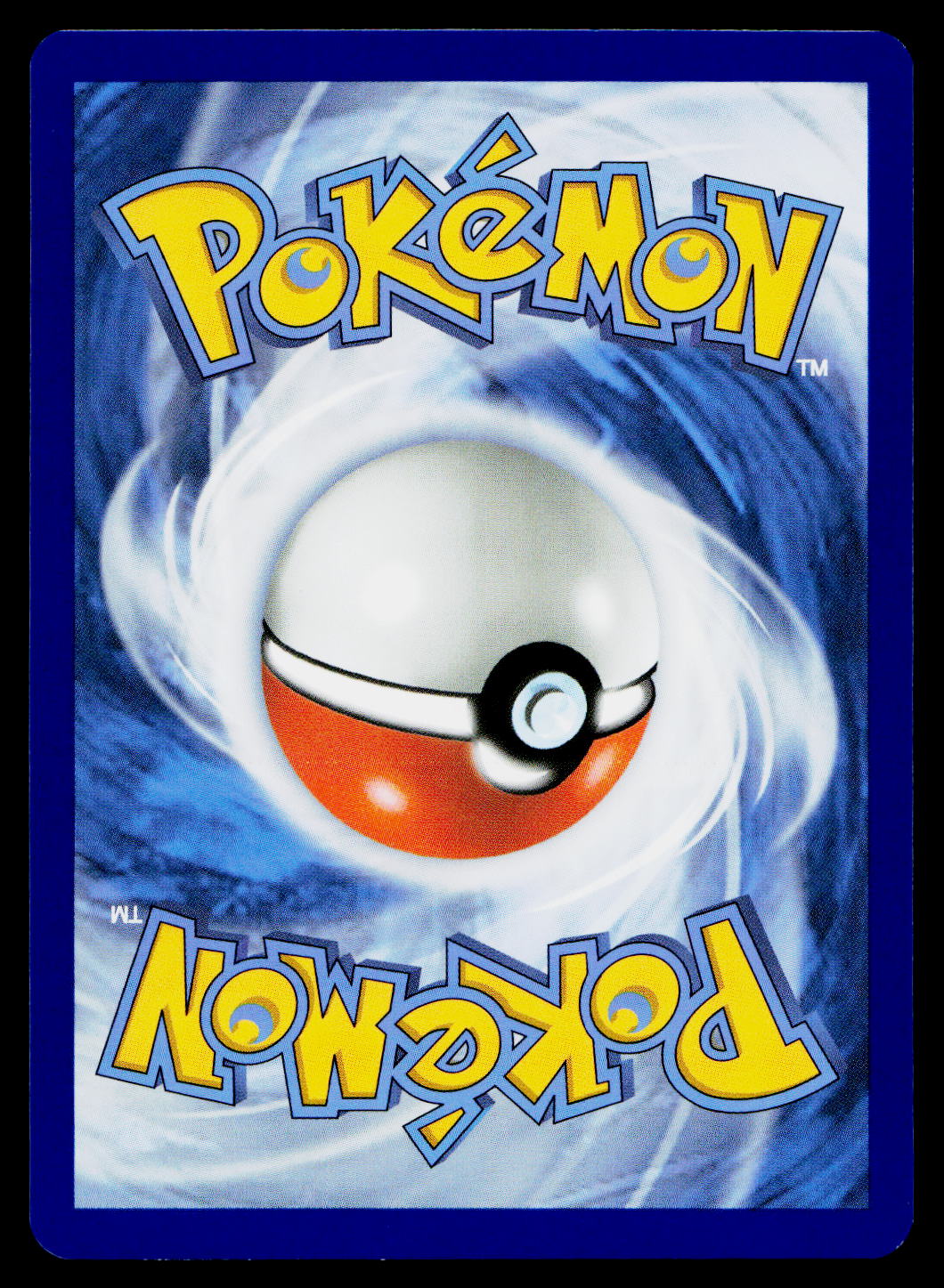 A Pokémon card back featuring the yellow Pokémon logo at the top and mirrored logo at the bottom, with a white and red Pokéball centered over a blue swirling background.