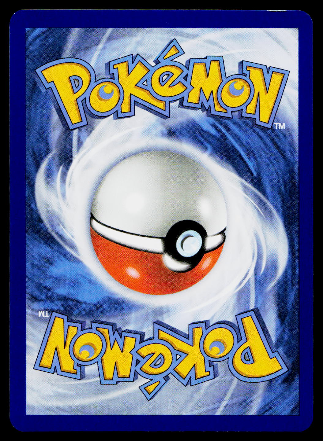A Pokémon card back featuring the yellow and blue Pokémon logo at the top and bottom, with a white and red Poké Ball centered over a swirling blue and white background.