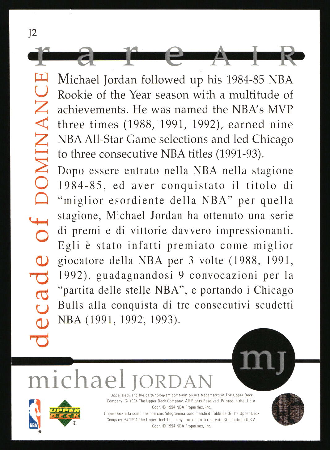 1994-95 Collector's Choice #J2 Michael Jordan Rare Air Decade of Dominance