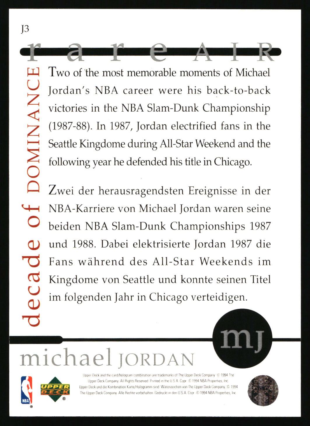 1994-95 Collector's Choice#J3 Michael Jordan Rare Air Decade of Dominance