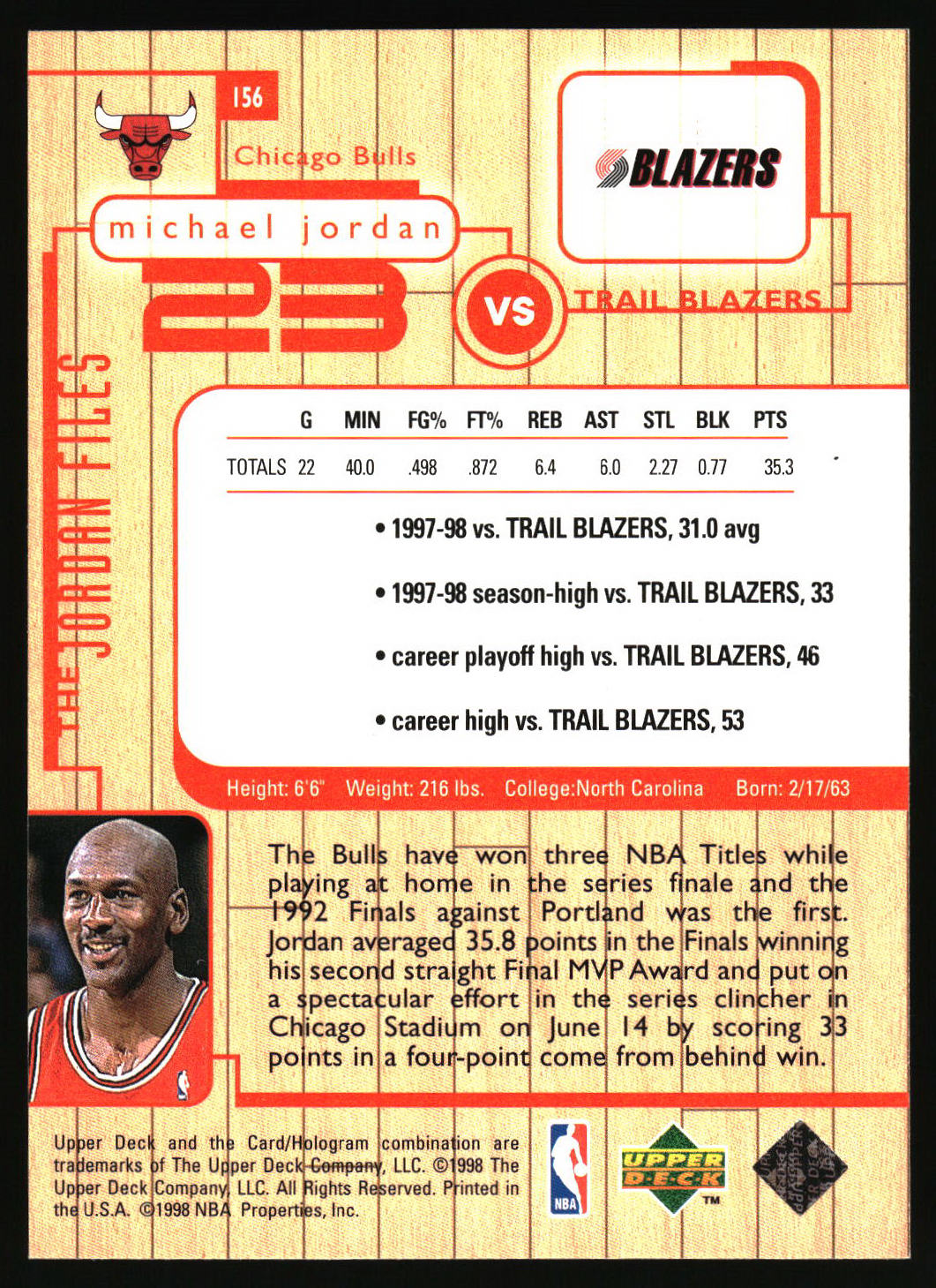 1998 Upper Deck Michael Jordan Living Legend #156 Michael Jordan