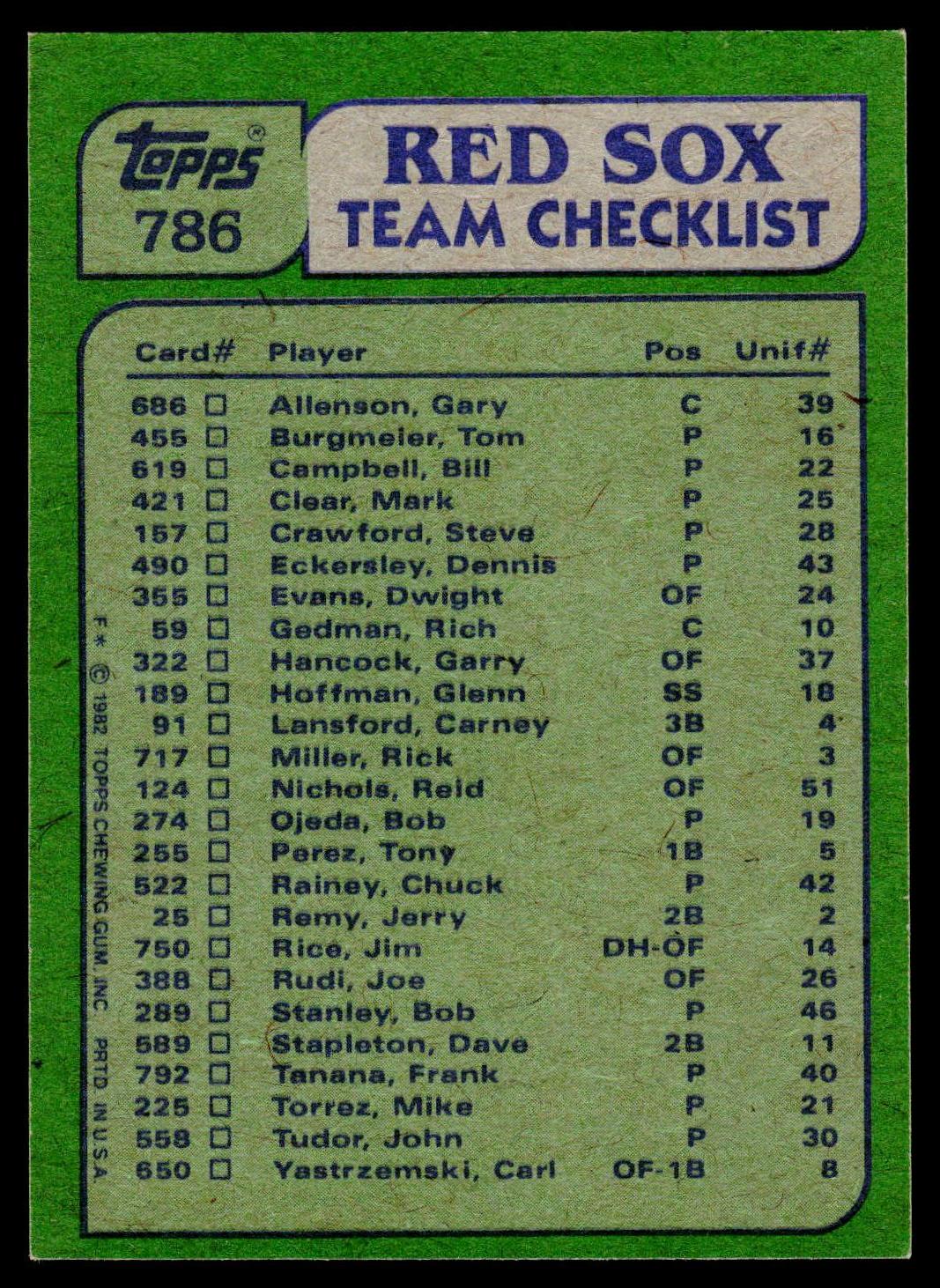 1982 Topps #786 Red Sox Leaders / Checklist (Carney Lansford / Mike Torrez)