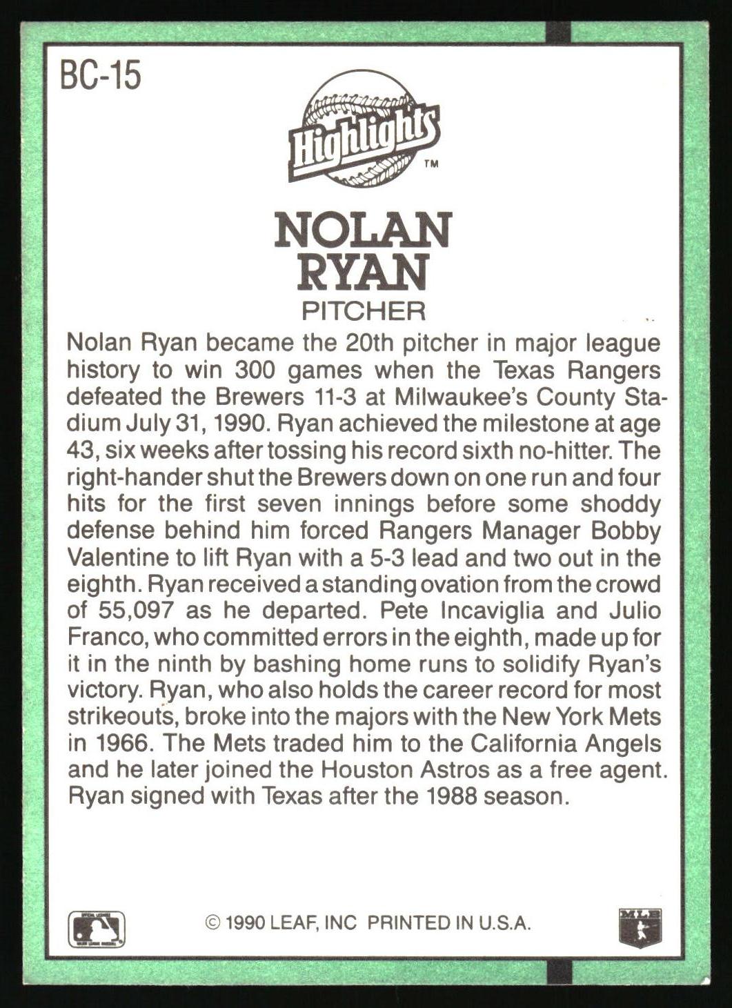 1991 Donruss #BC-15b Nolan Ryan Bonus Cards
