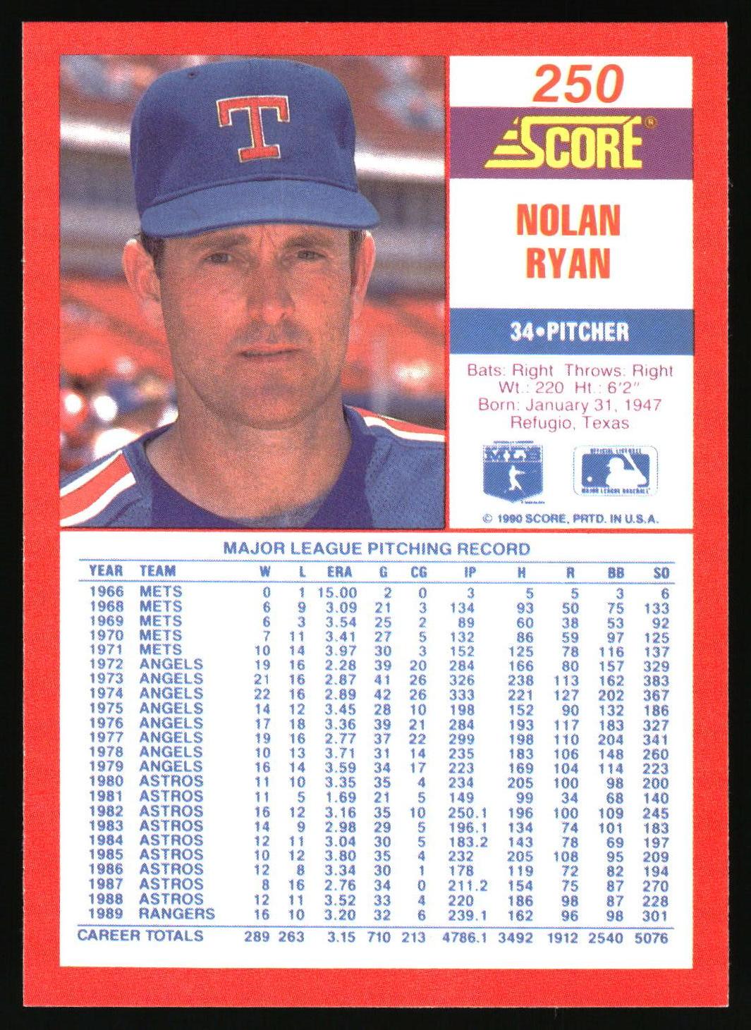 1990 Score #250 Nolan Ryan
