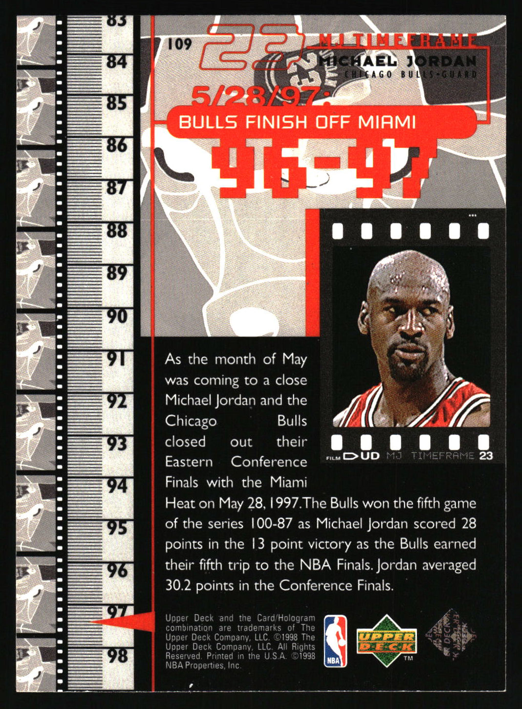 A 1996-1997 Upper Deck Michael Jordan basketball trading card featuring a black and white filmstrip design with red accents, player statistics, and a portrait of Jordan.