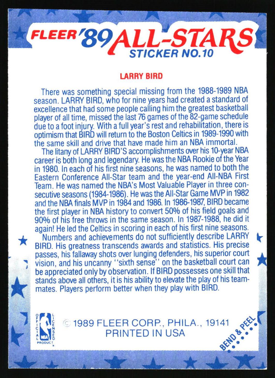 1989-90 Fleer #10 Larry Bird Stickers