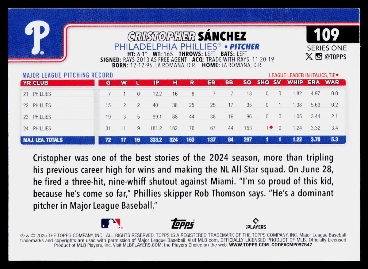 2025 Topps #109 Cristopher Sánchez Gold
