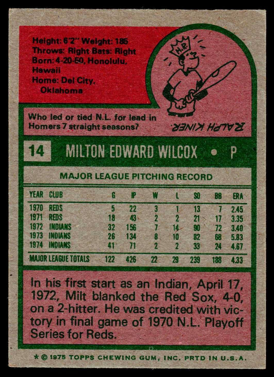 1975 Topps #14 Milt Wilcox