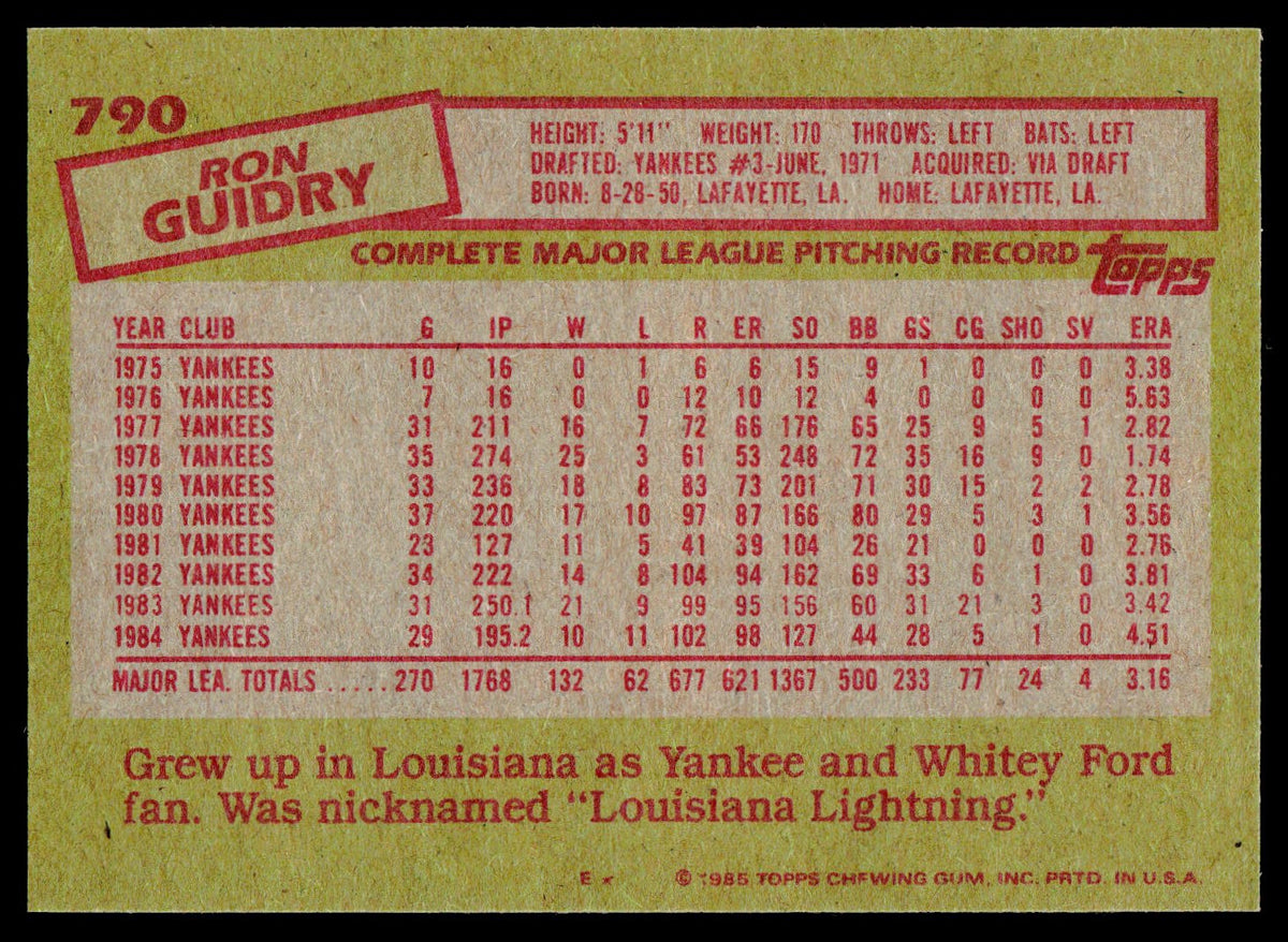 1985 Topps #790 Ron Guidry