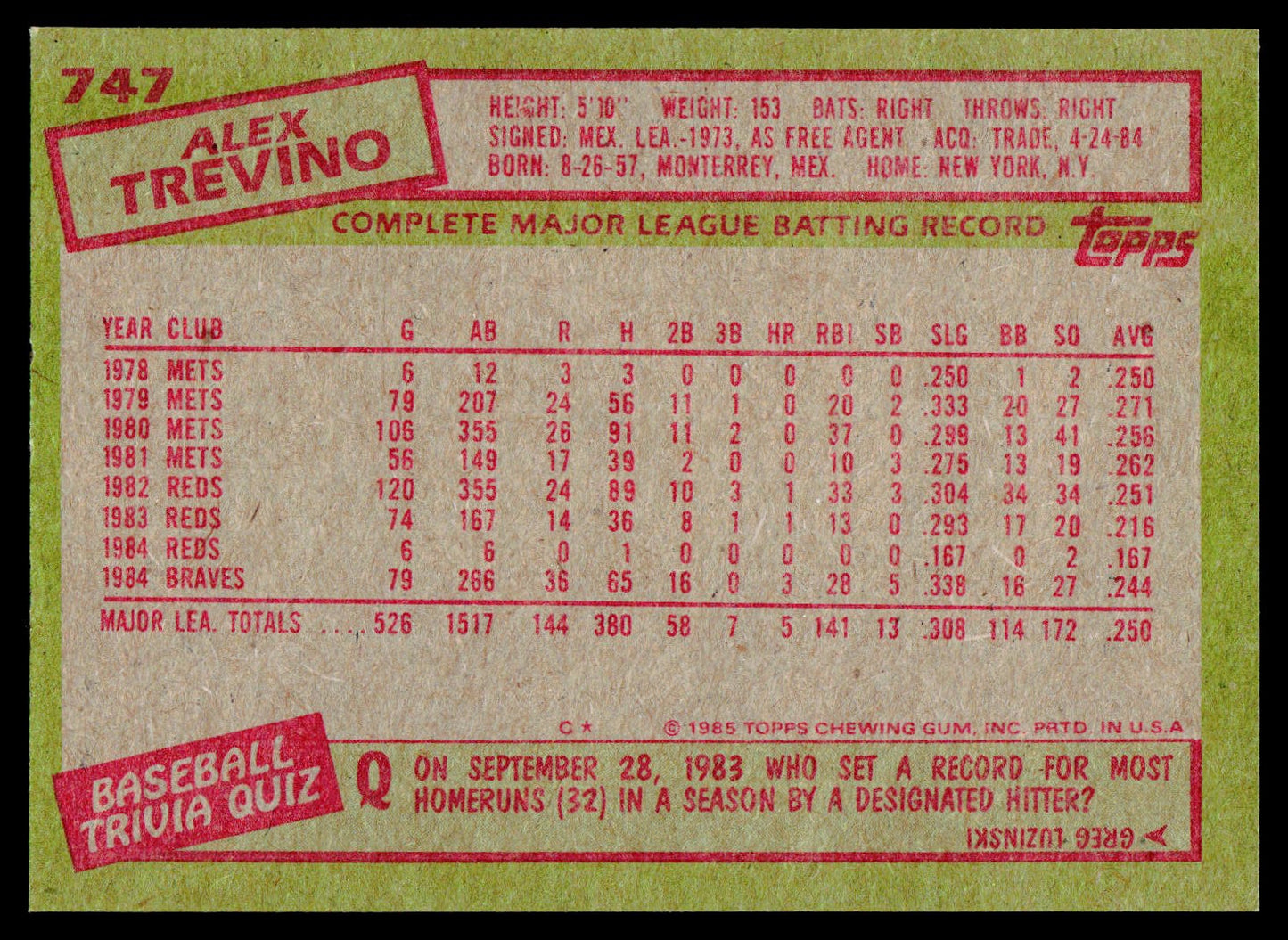 1985 Topps #747 Alex Trevino
