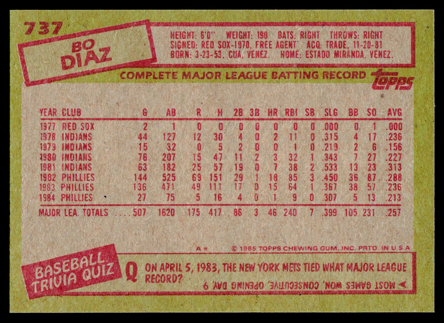 1985 Topps #737 Bo Diaz