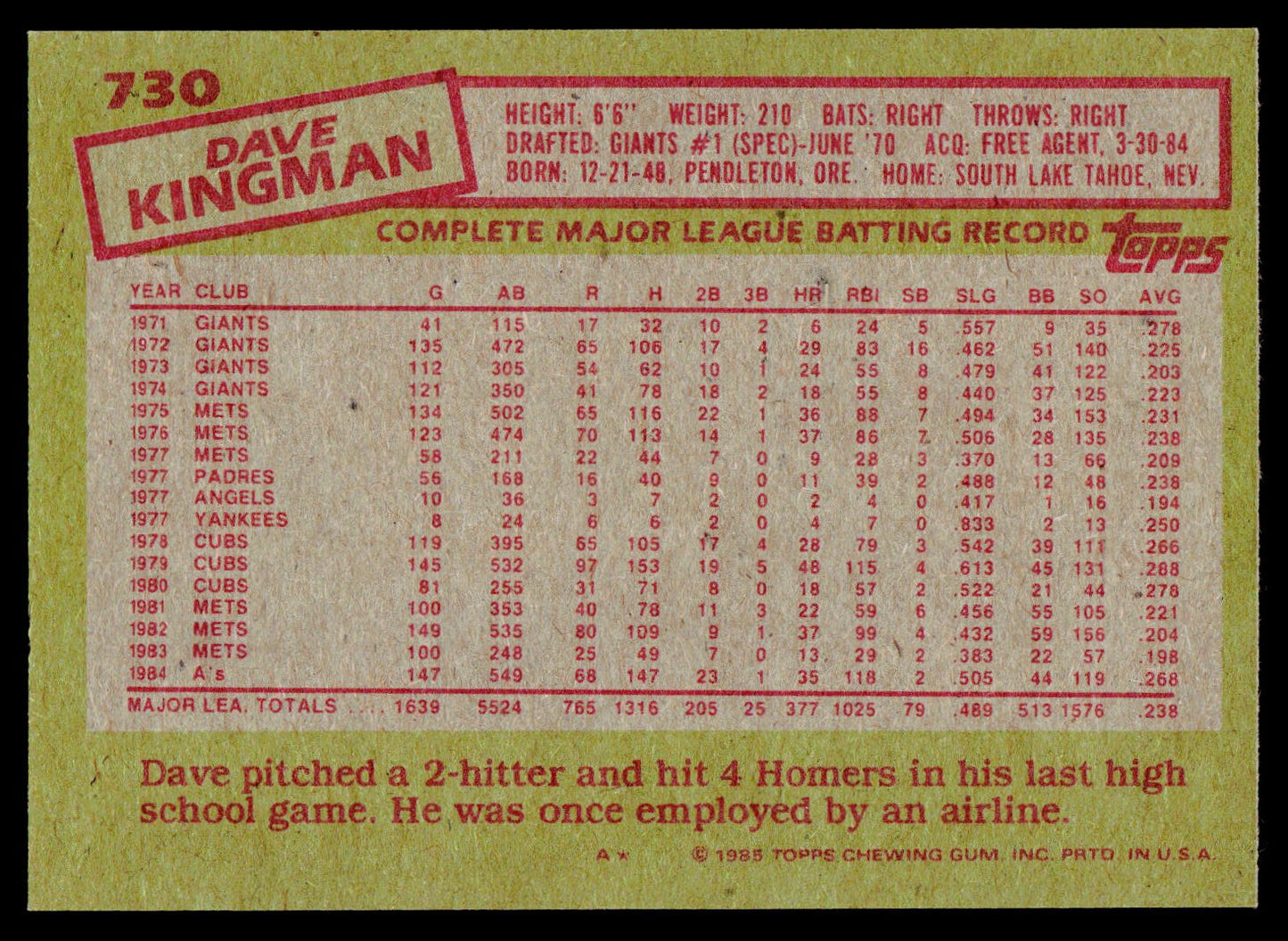 1985 Topps #730 Dave Kingman