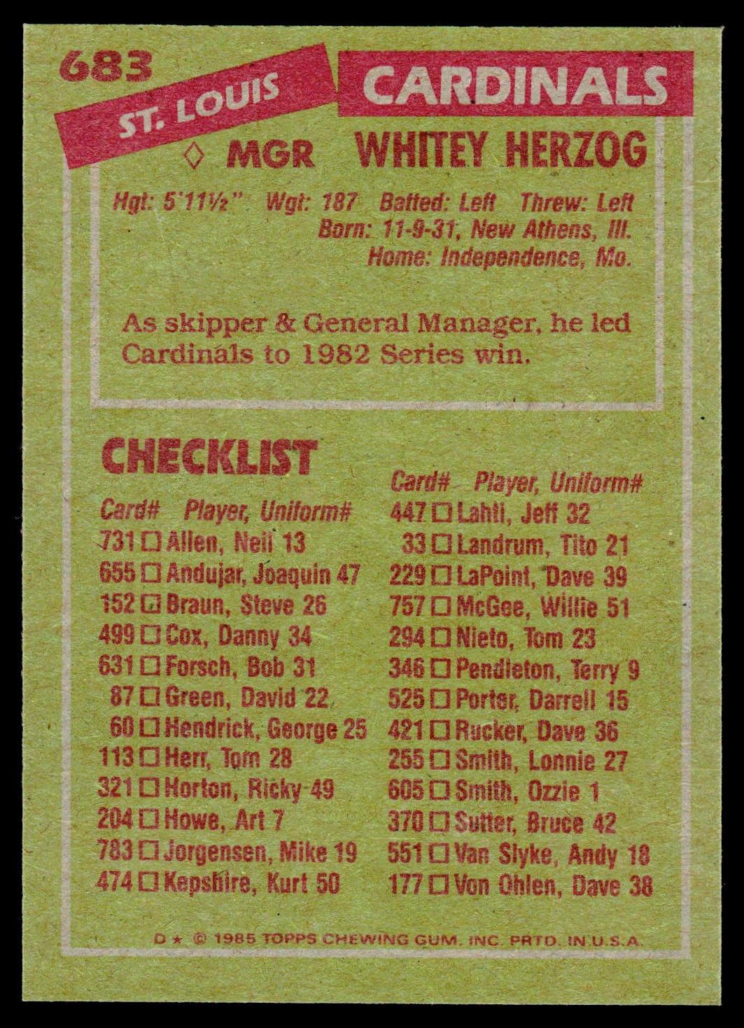 1985 Topps #683 Whitey Herzog
