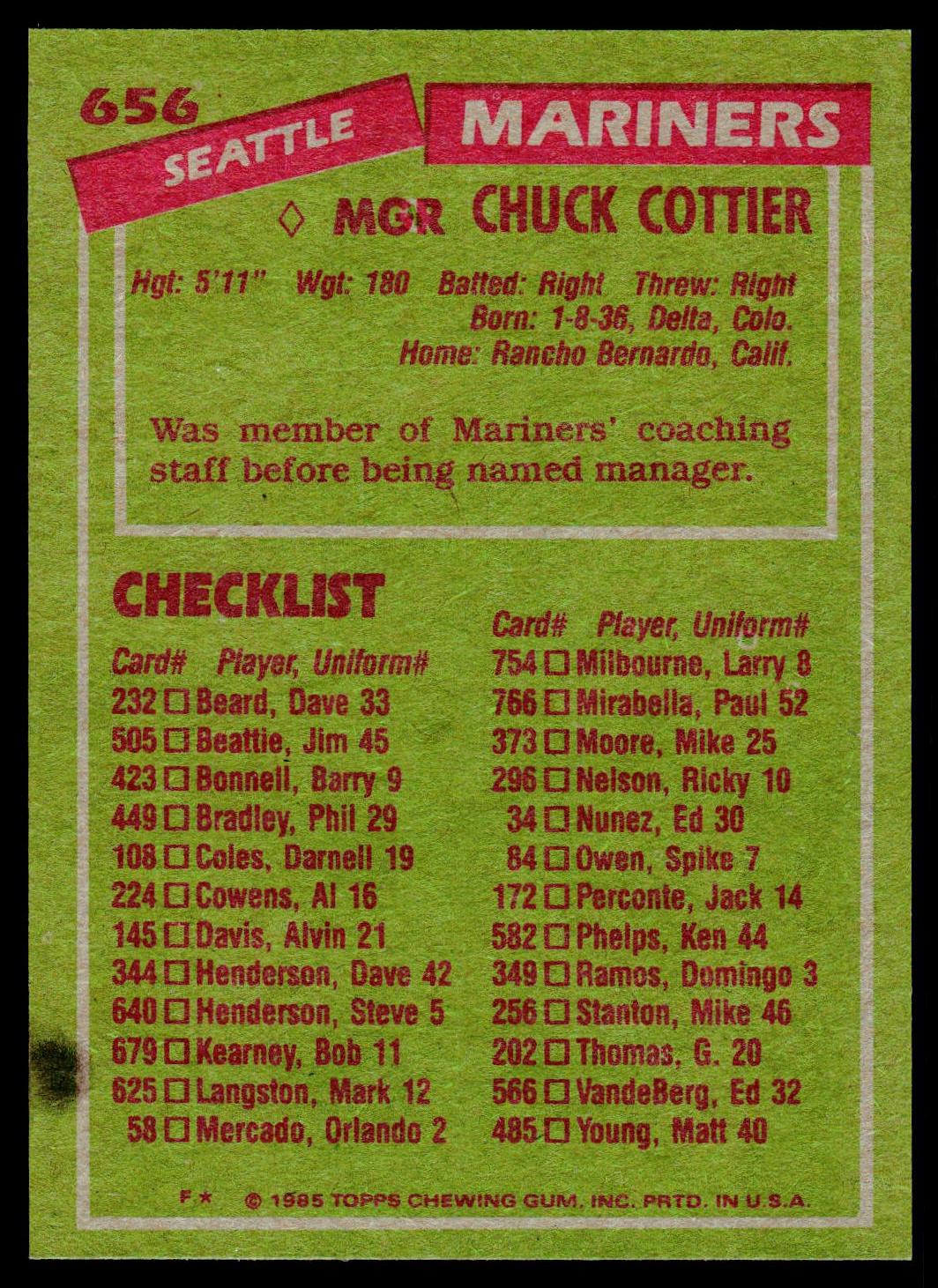 1985 Topps #656 Chuck Cottier