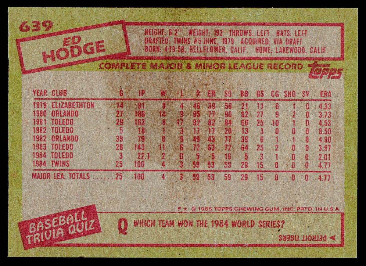 1985 Topps #639 Ed Hodge