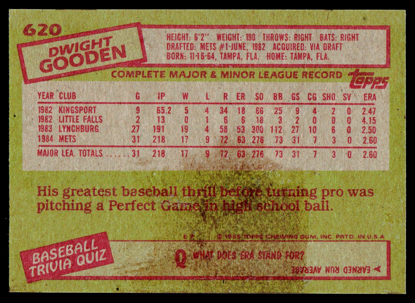 1985 Topps #620 Dwight Gooden