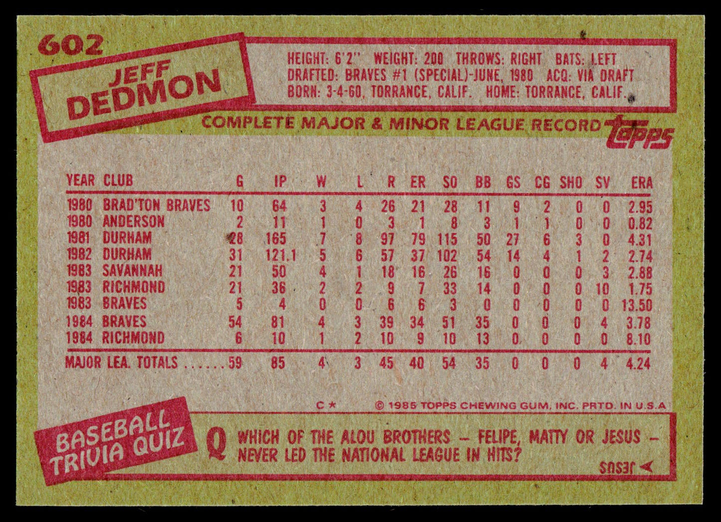 1985 Topps #602 Jeff Dedmon