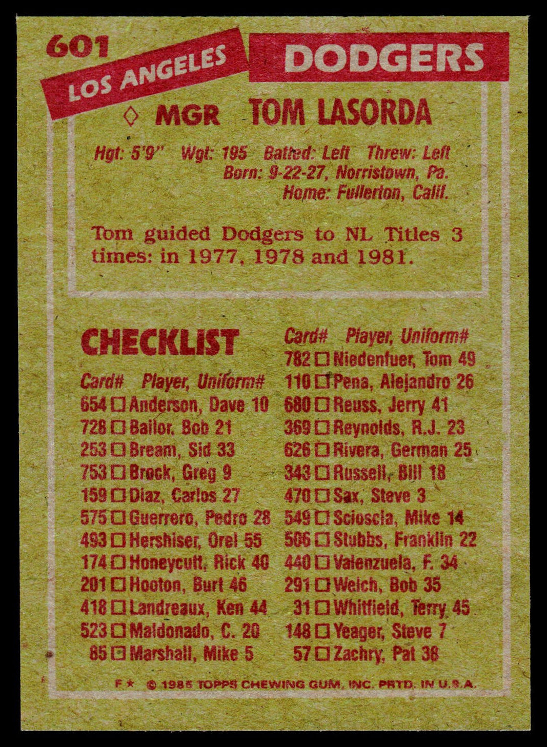 A vintage baseball trading card featuring Tom Lasorda of the Los Angeles Dodgers, with a yellow-green background and red text.