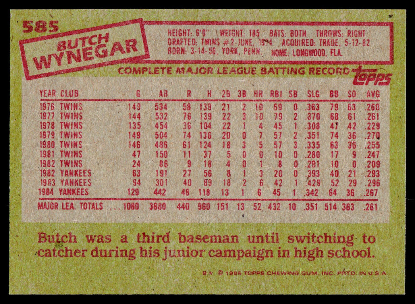 1985 Topps #585 Butch Wynegar