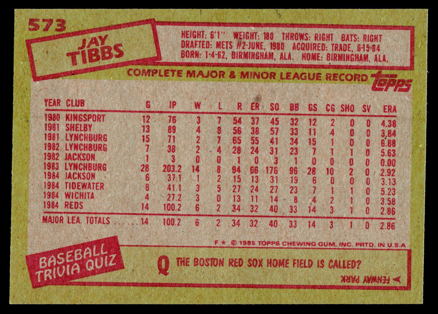 1985 Topps #573 Jay Tibbs