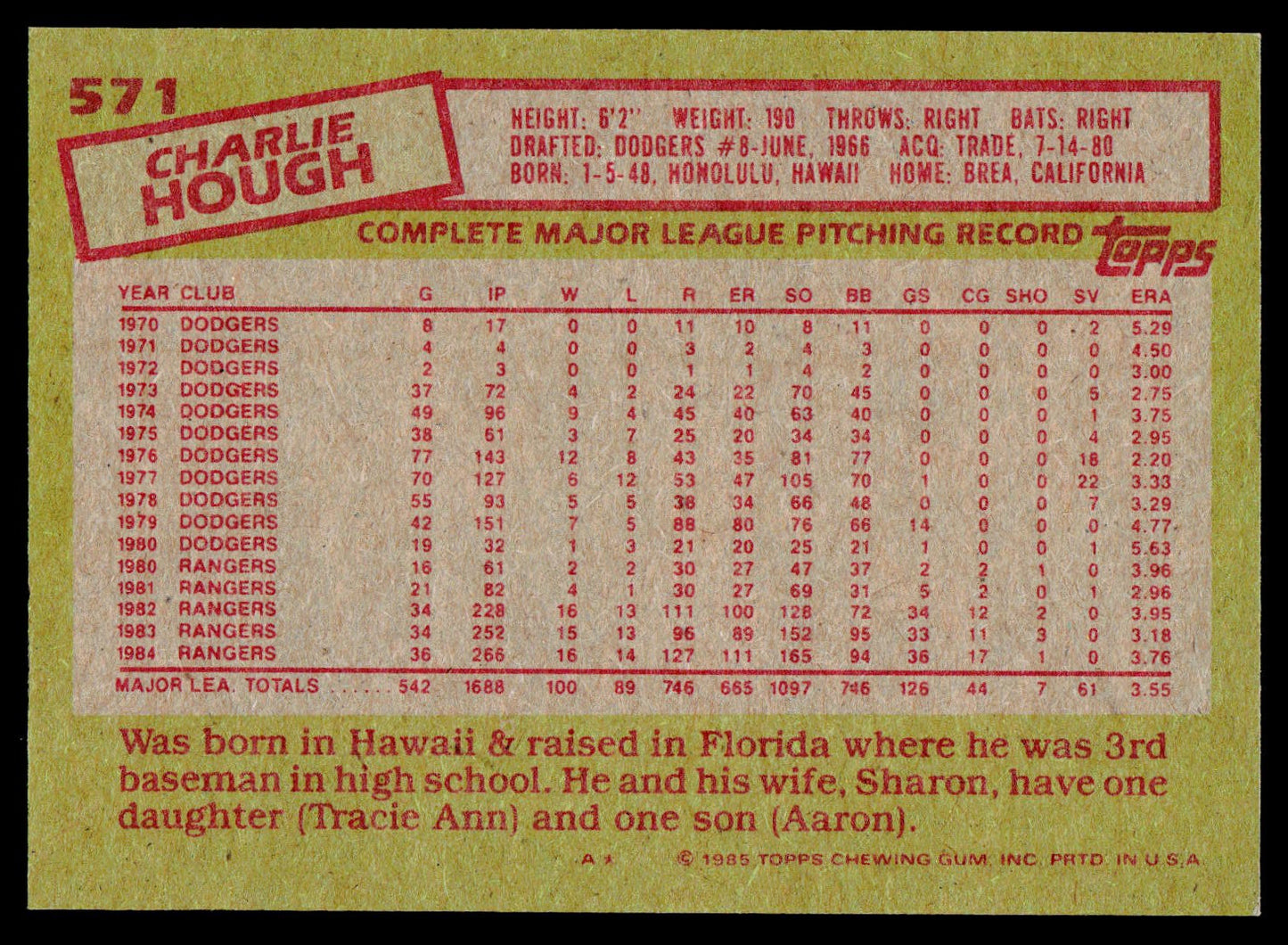 1985 Topps #571 Charlie Hough