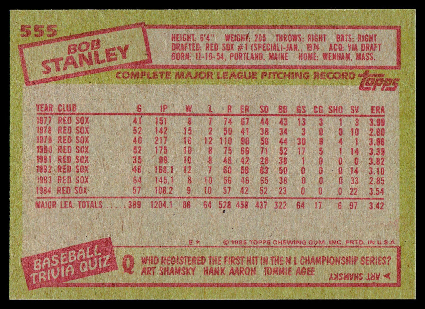 1985 Topps #555 Bob Stanley