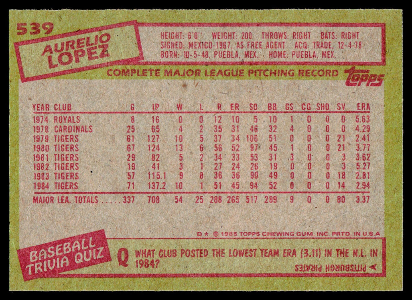 1985 Topps #539 Aurelio Lopez