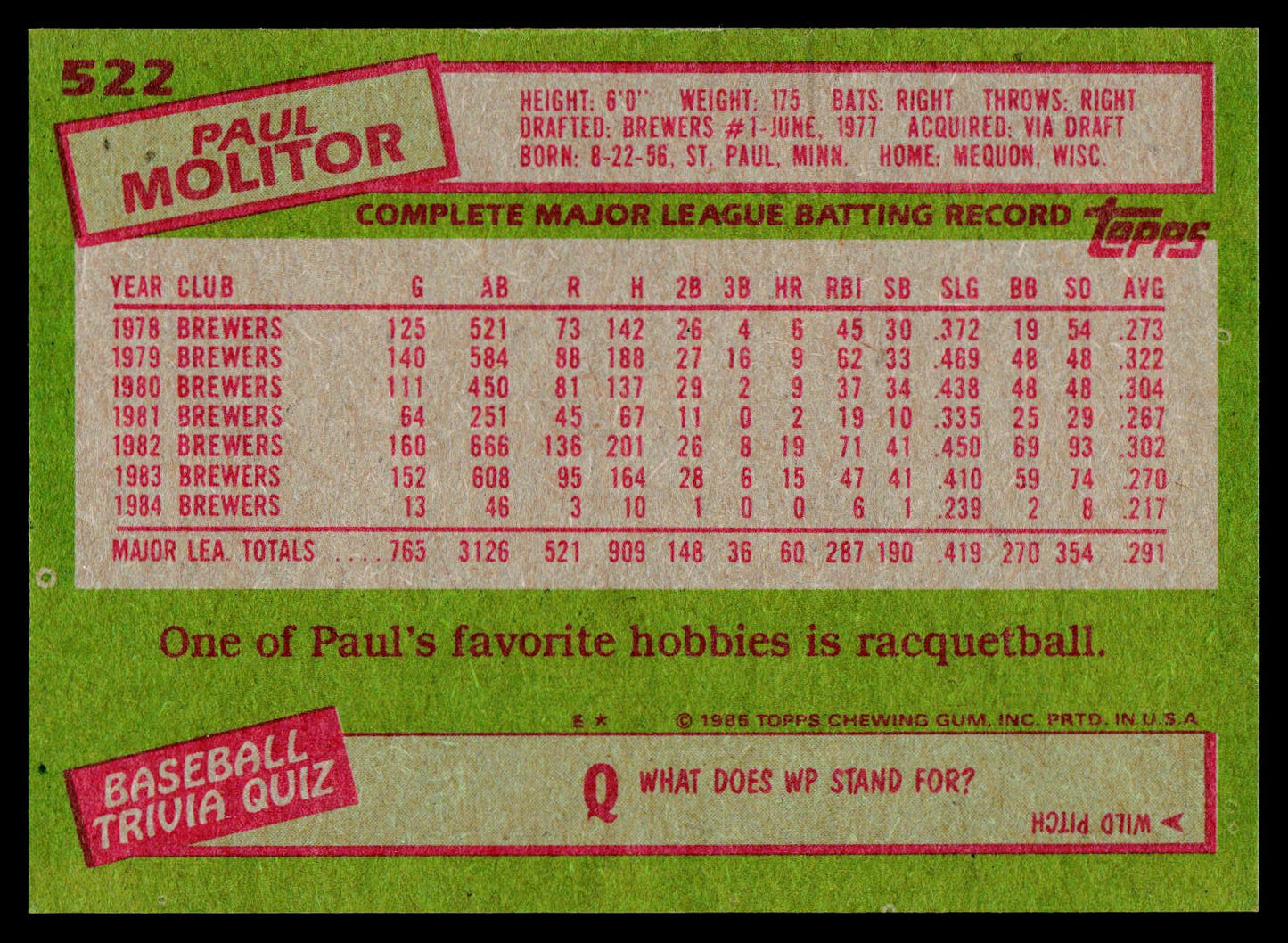 1985 Topps #522 Paul Molitor