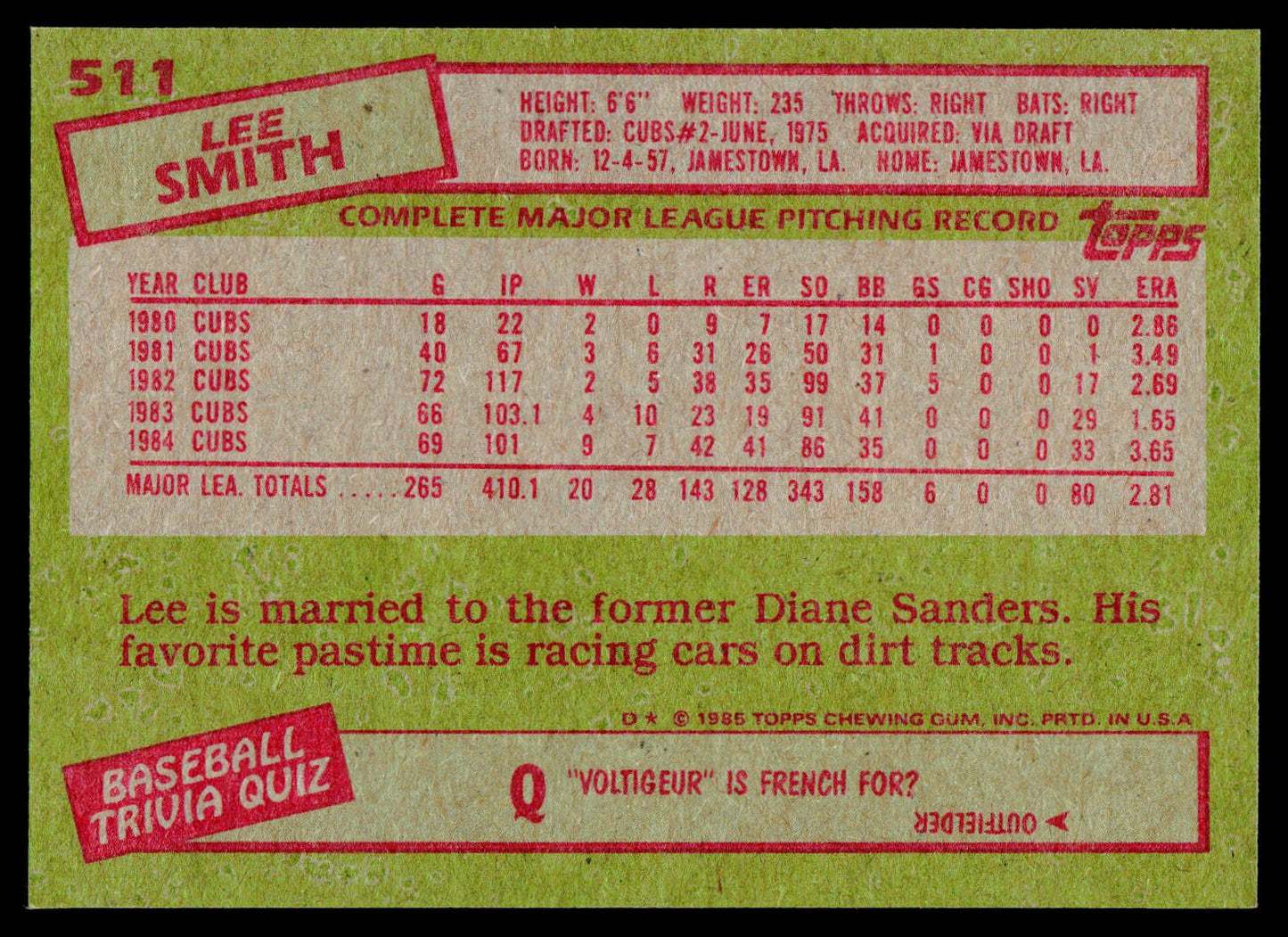 1985 Topps #511 Lee Smith