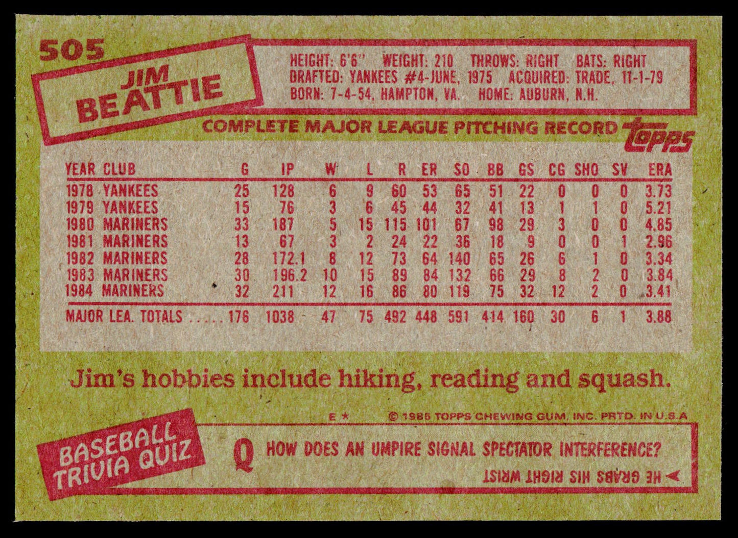 1985 Topps #505 Jim Beattie