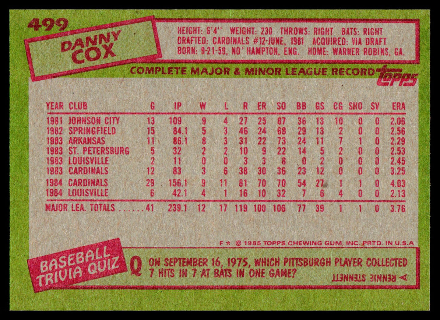 1985 Topps #499 Danny Cox
