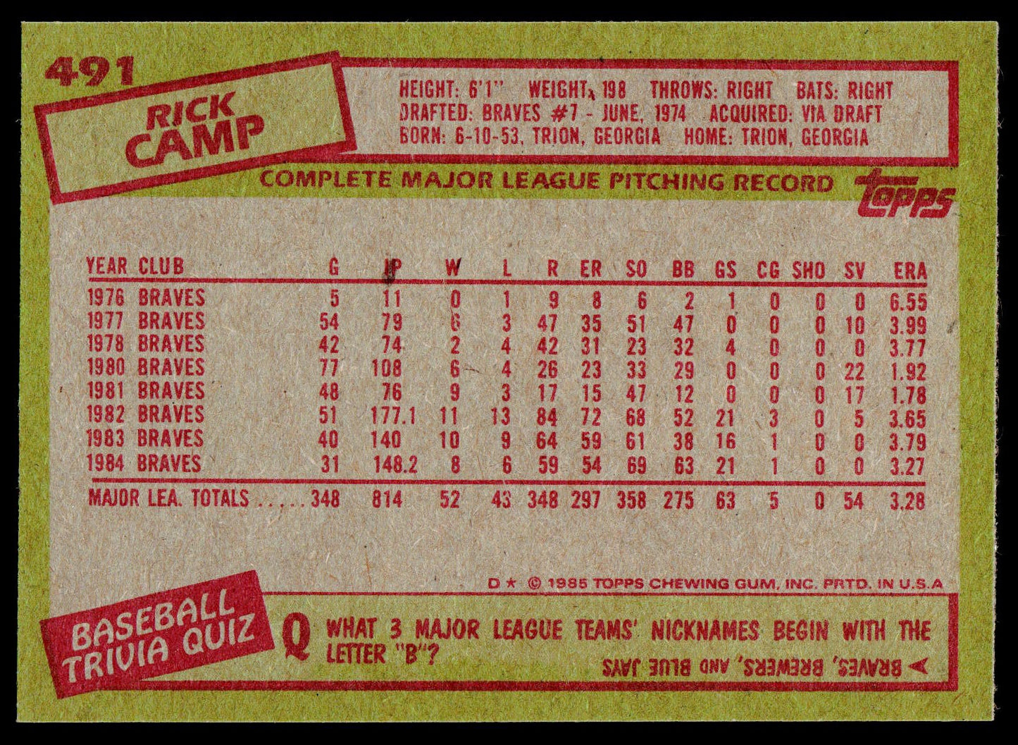 1985 Topps #491 Rick Camp