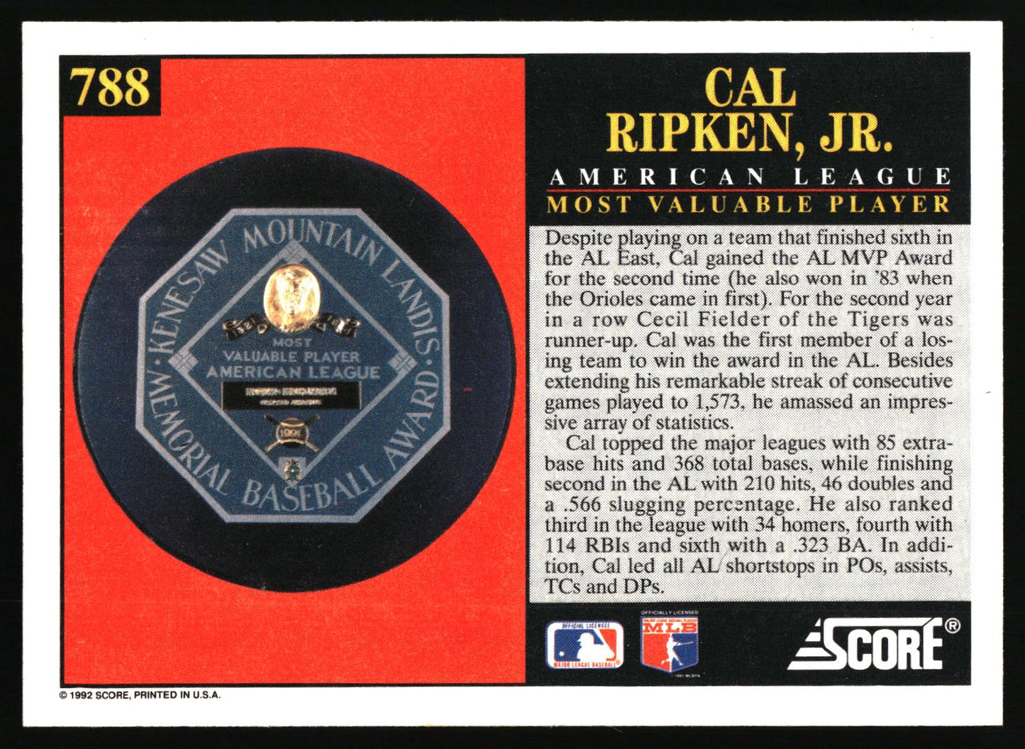 1992 Score #788 Cal Ripken, Jr.