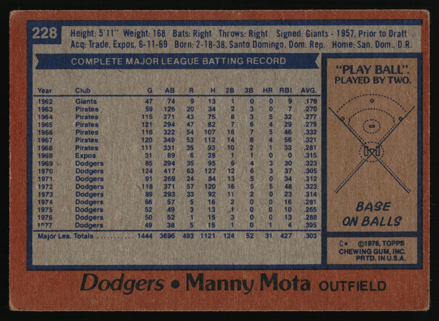 1978 Topps #228 Manny Mota