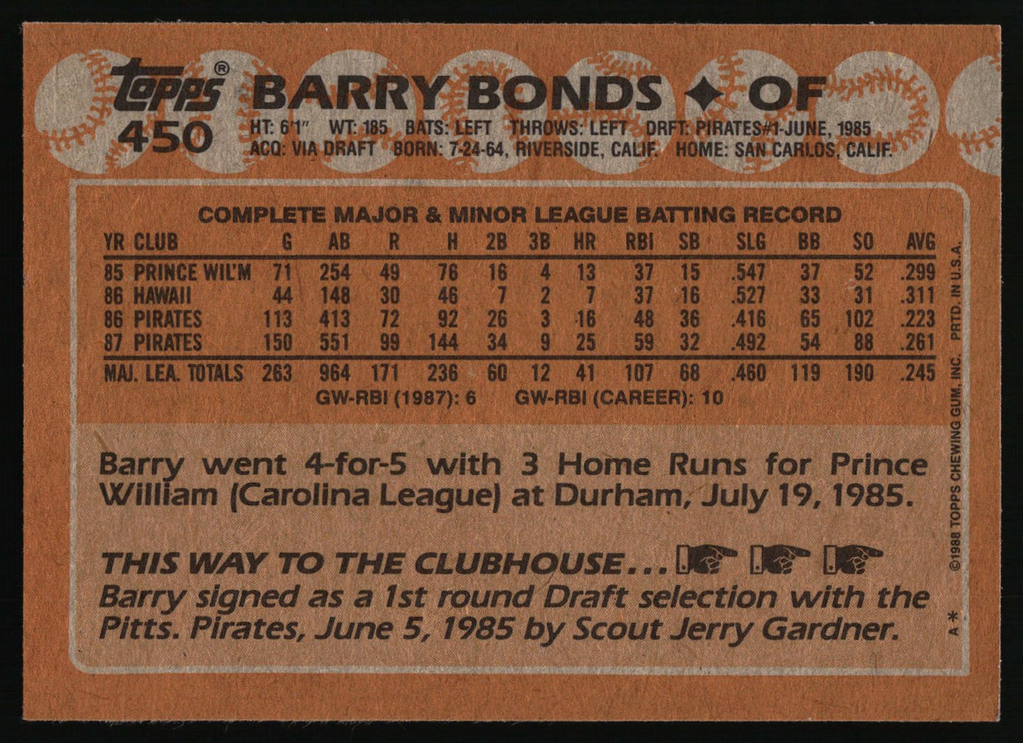 1988 Topps #450 Barry Bonds