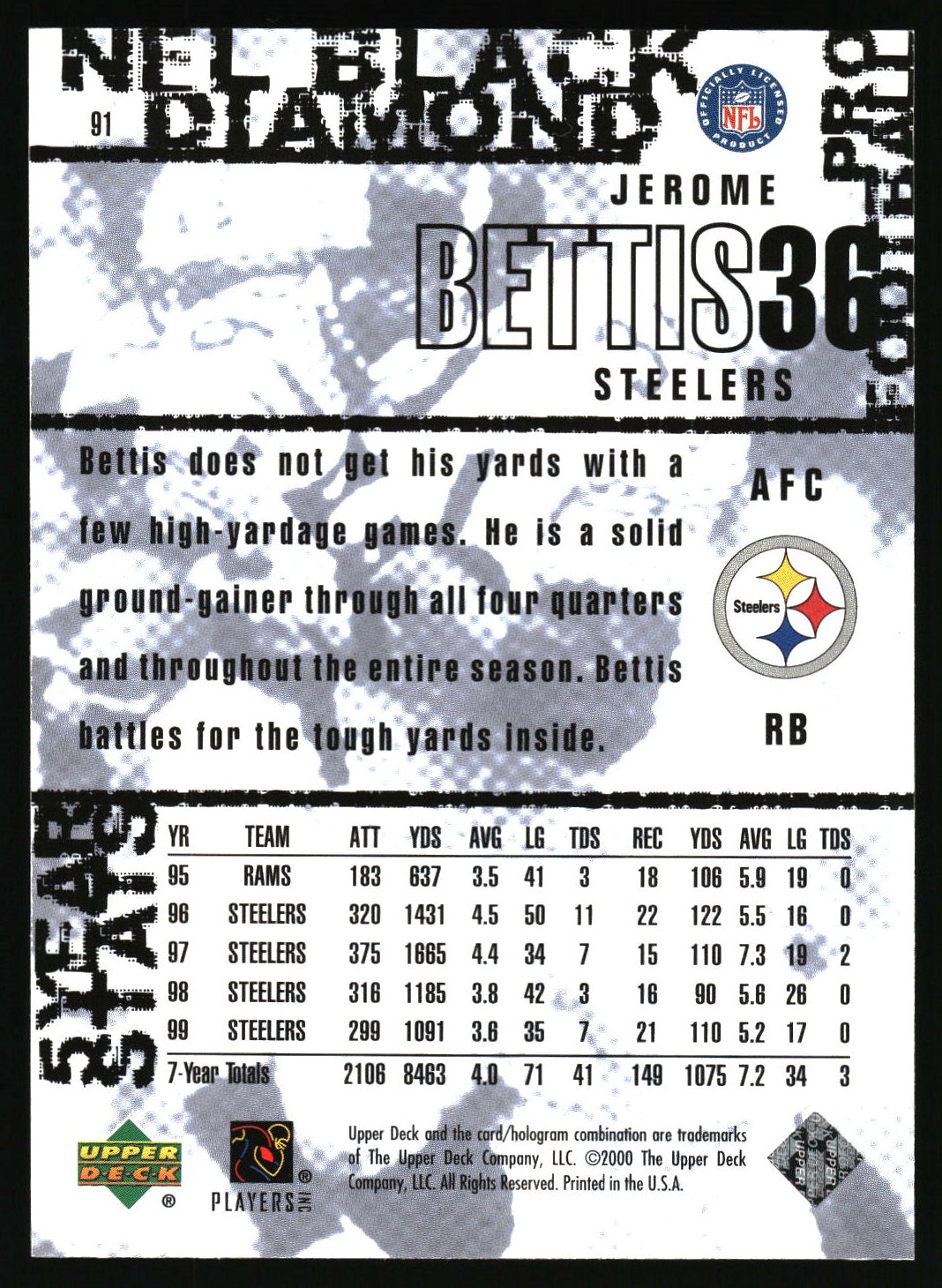 2000 Upper Deck Black Diamond #91 Jerome Bettis
