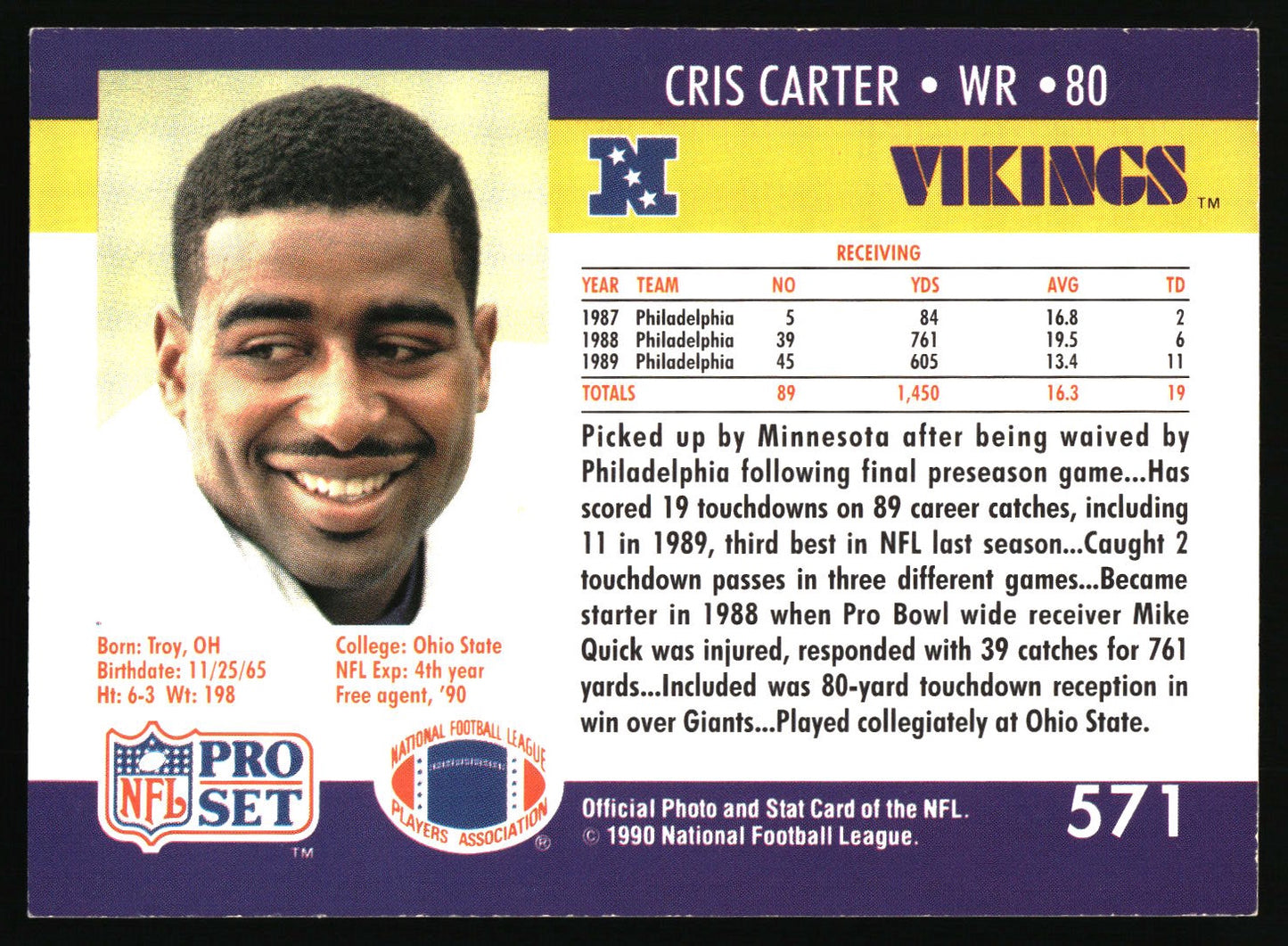 1990 Pro Set #571 Cris Carter