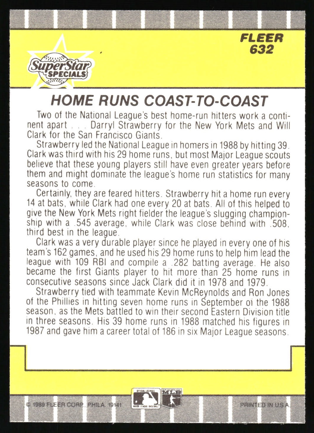 1989 Fleer #632 Homeruns Coast to Coast (Darryl Strawberry / Will Clark)