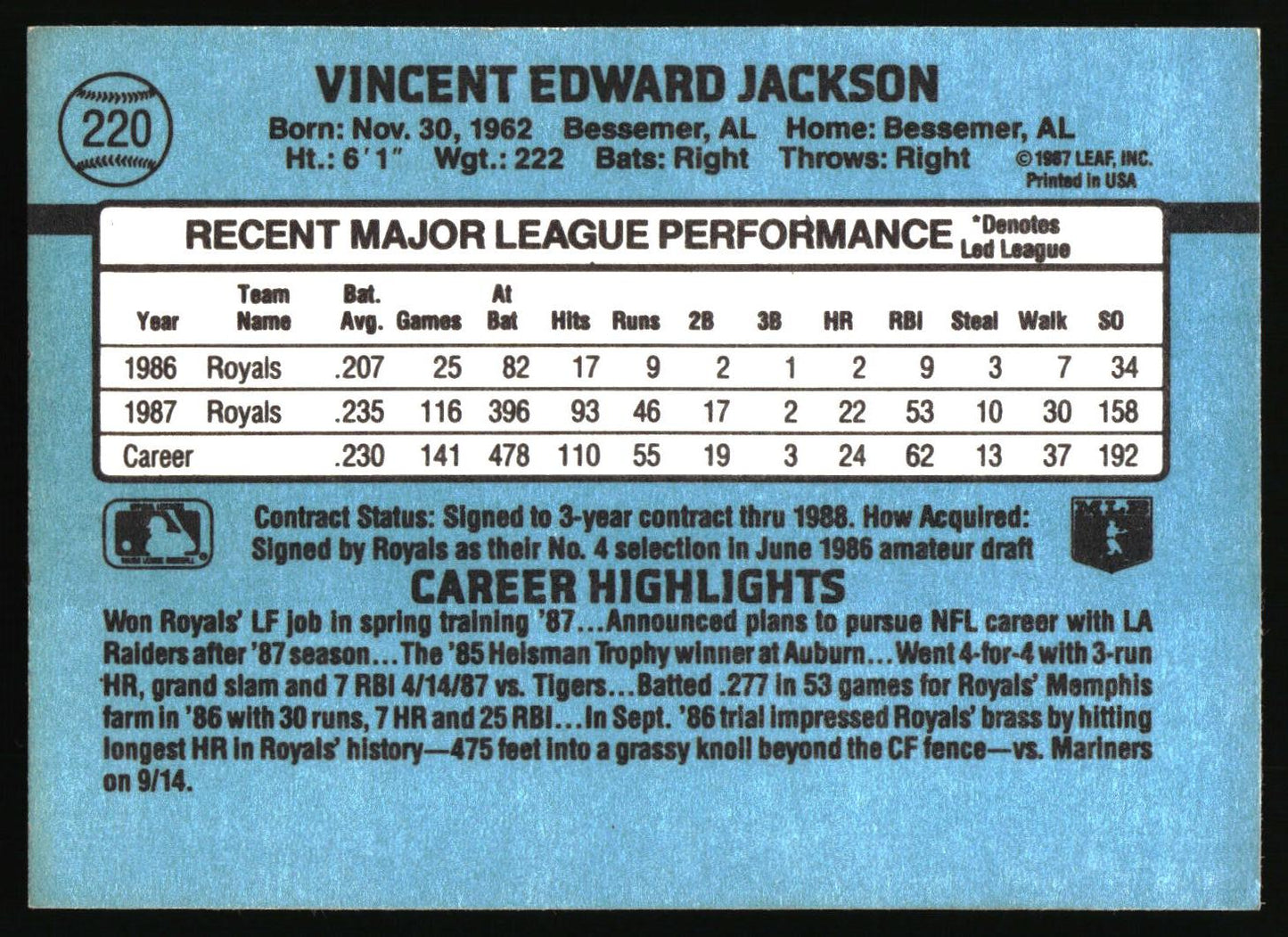 1988 Donruss #220b Bo Jackson