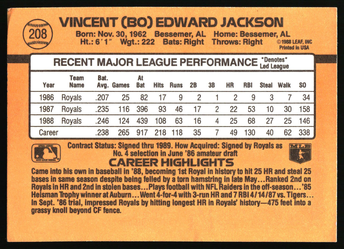 The back of a vintage 1985 Vincent (Jo) Edward Jackson baseball trading card, featuring an orange background with black text and a white performance table.